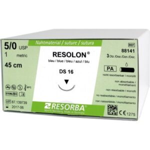Resolon 5/0 45cm igła 16mm 3/8 koła odwrotnie tnąca ((DS16) 36szt/opak.
szew niewchłanialny niebieski