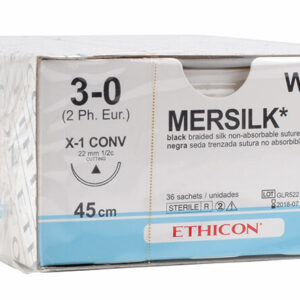Ethicon Mersilk 3/0 45cm igła 22mm 1/2 koła konwencjonalnie tnąca 36szt/opak.
W577H szew niewchłanialny